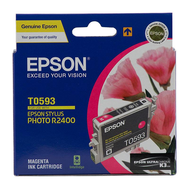 EPSON T0593 Magenta Ink Cartridge with vibrant magenta color, designed for Epson Stylus Photo R2400 printer.