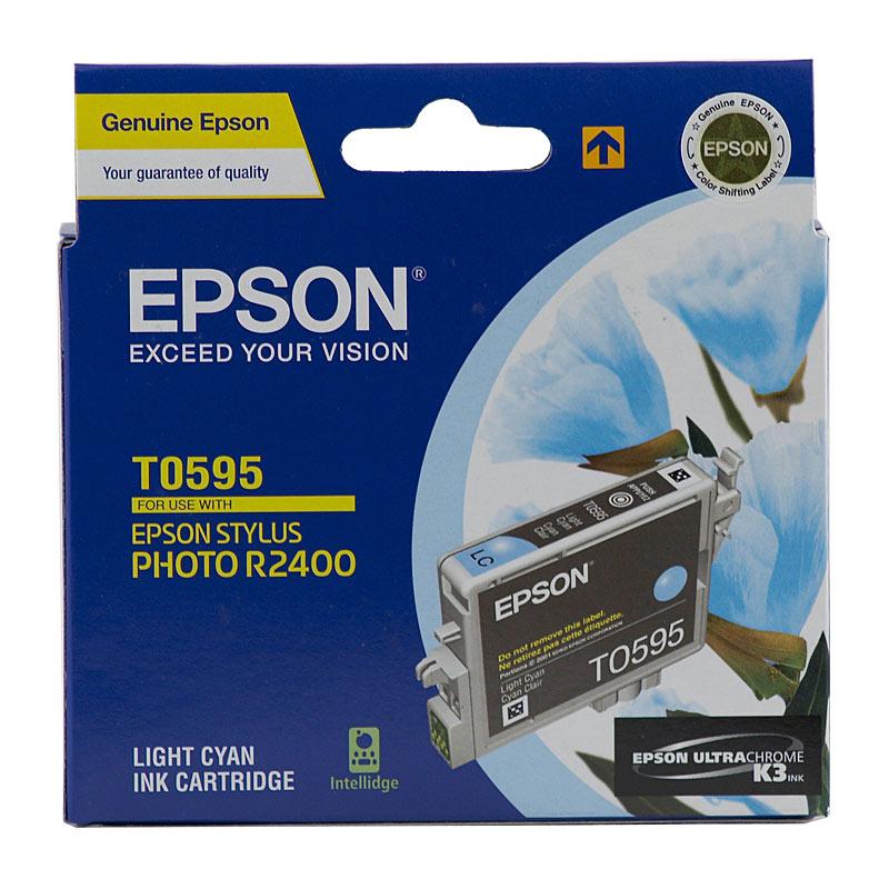 EPSON T0595 Light Cyan Ink Cartridge with packaging, showcasing its vibrant color and design.