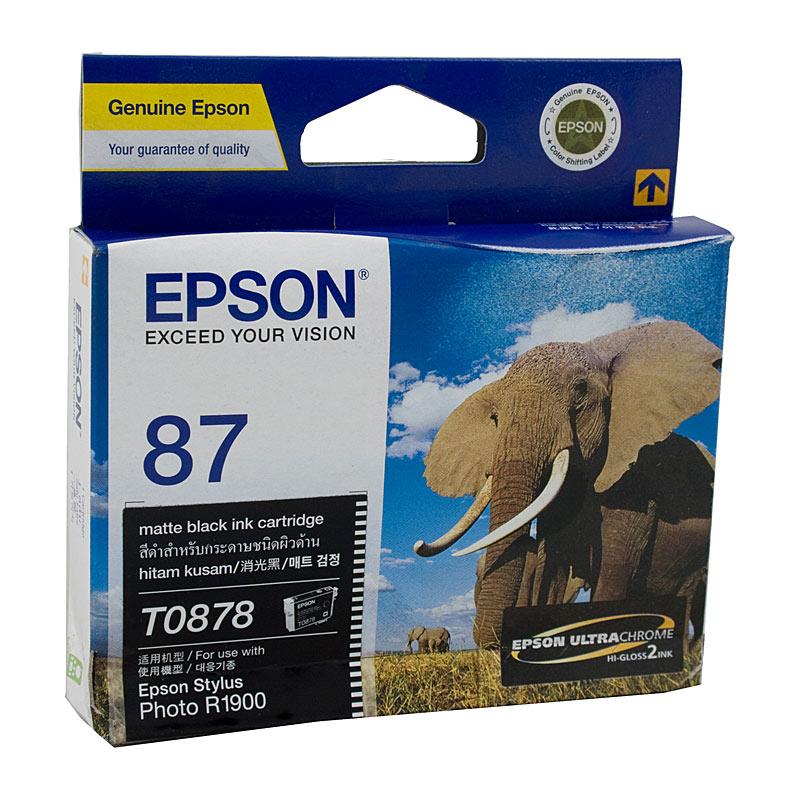 EPSON T0878 Matte Black Ink Cartridge with packaging, showcasing its design and branding.