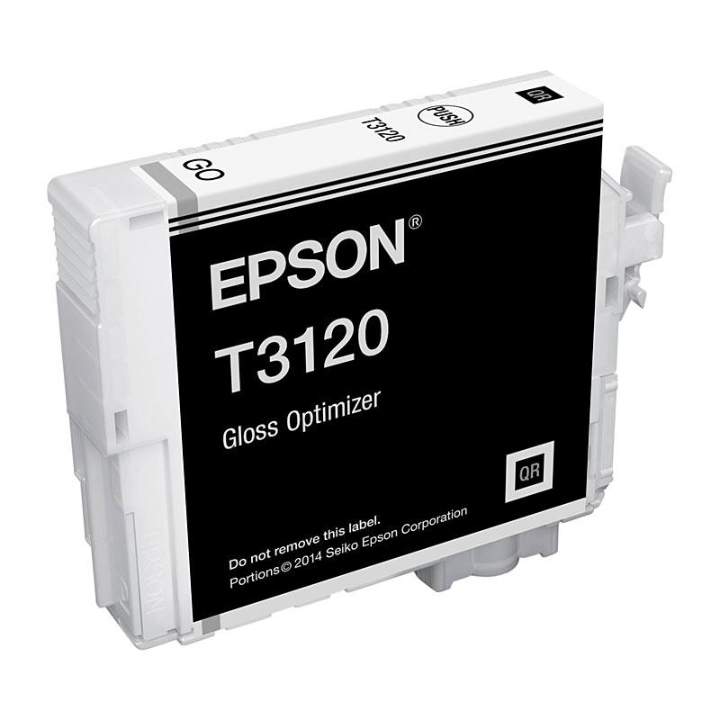 EPSON T3120 Gloss Opt Ink Cartridge showcasing its sleek design and vibrant color packaging.