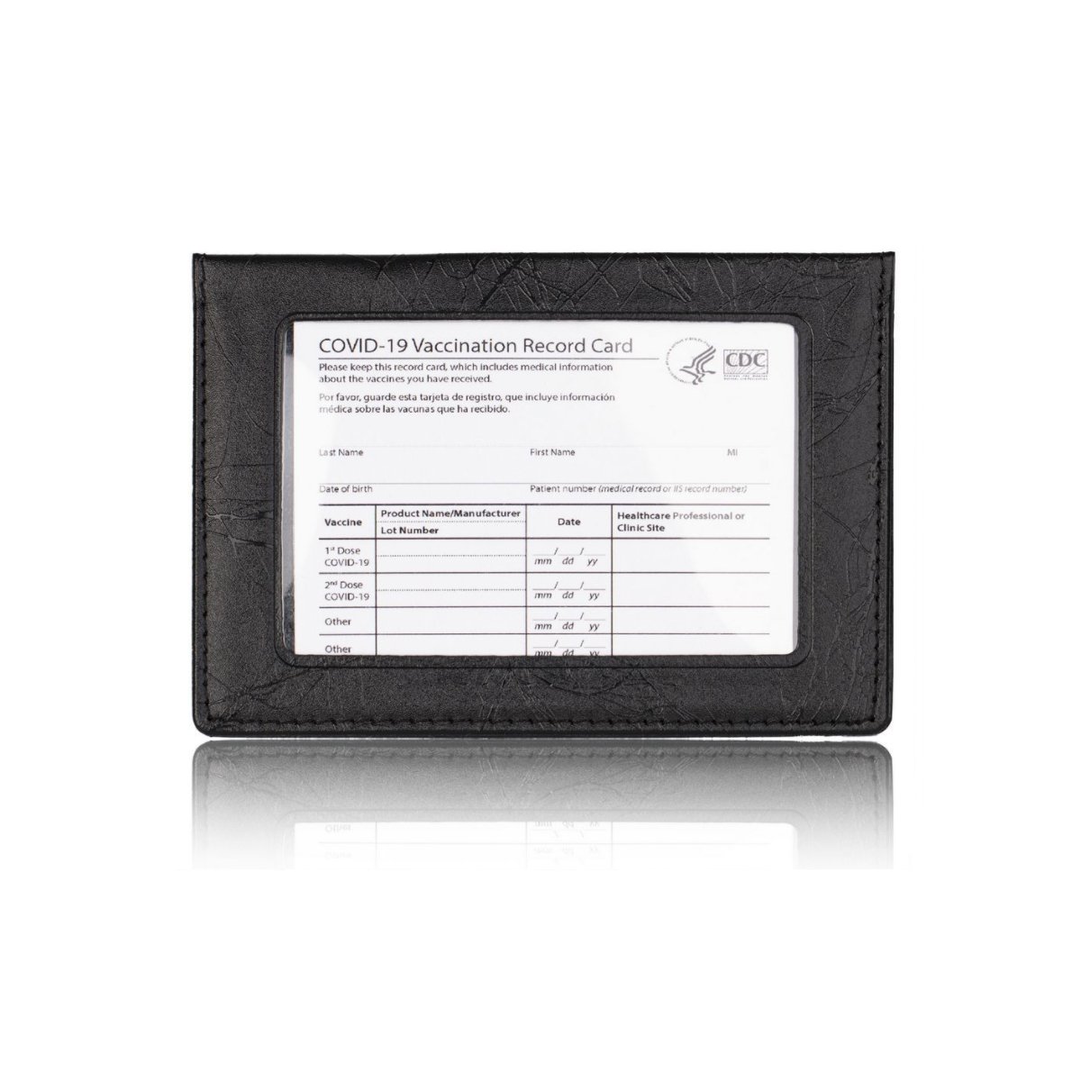 Essential 2 In 1 Vaccination Card and ID Card Holder, showcasing its sleek design and dual compartments for vaccination and ID cards.