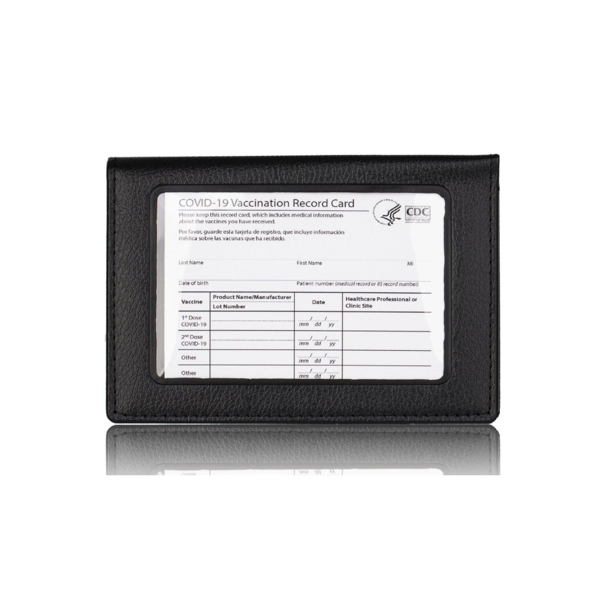 Essential 2 In 1 Vaccination Card and ID Card Holder, showcasing its sleek design and dual compartments for vaccination and ID cards.