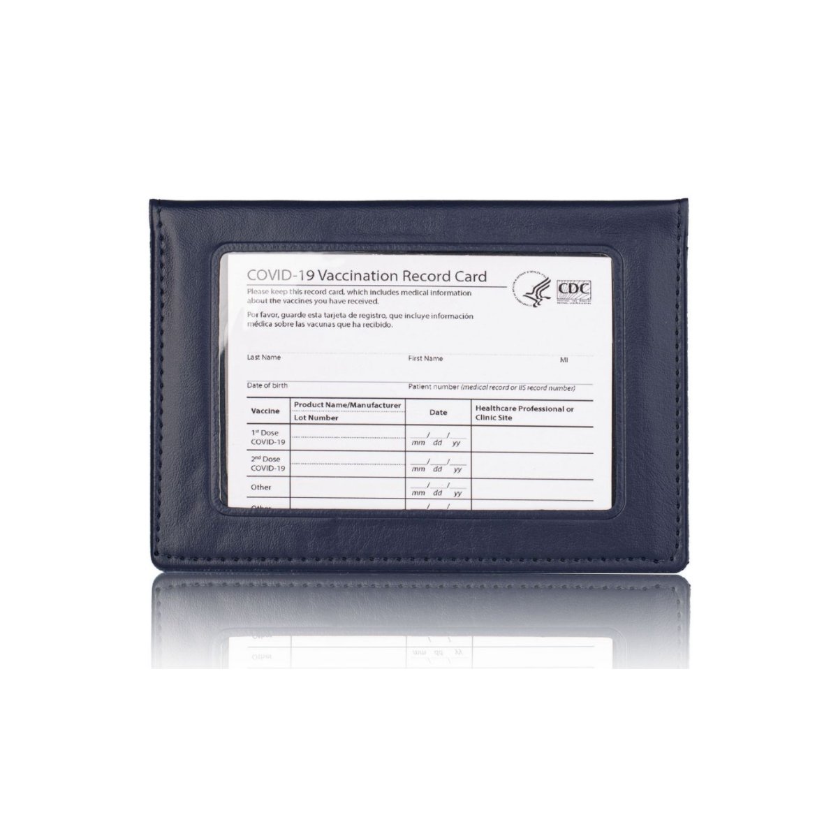 Essential 2 In 1 Vaccination Card and ID Card Holder, showcasing its sleek design and dual compartments for vaccination and ID cards.