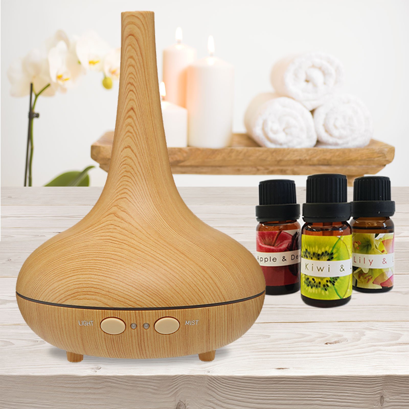 Milano Ultrasonic Aromatherapy Diffuser with LED lights and essential oils, designed for home and office use.