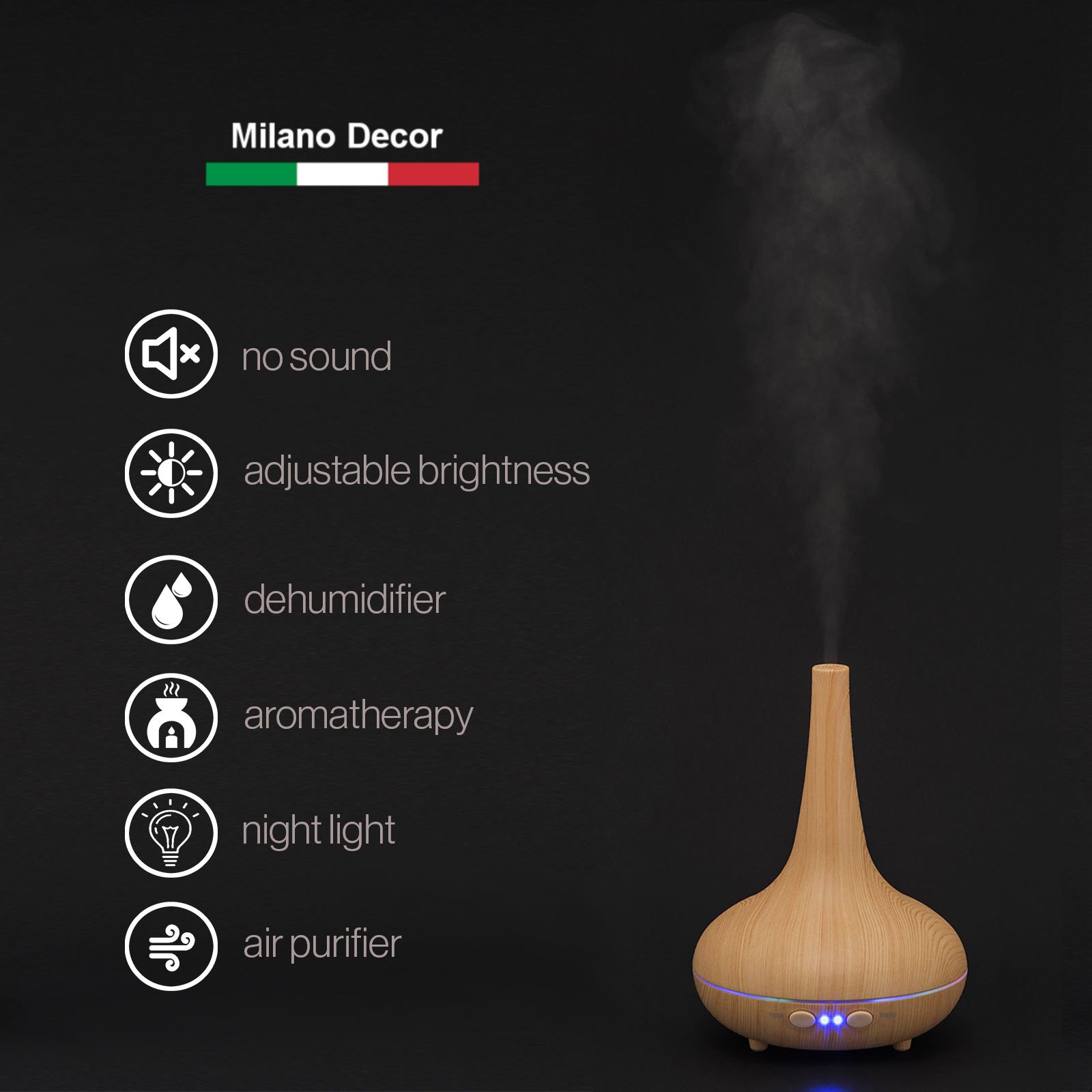 Milano Ultrasonic Aromatherapy Diffuser with LED lights and essential oils, designed for home and office use.