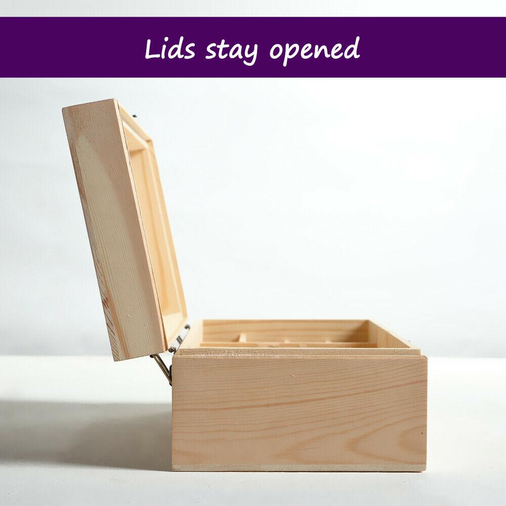 Wooden essential oil storage box with 25 slots for bottles, featuring a removable divider and sturdy construction.