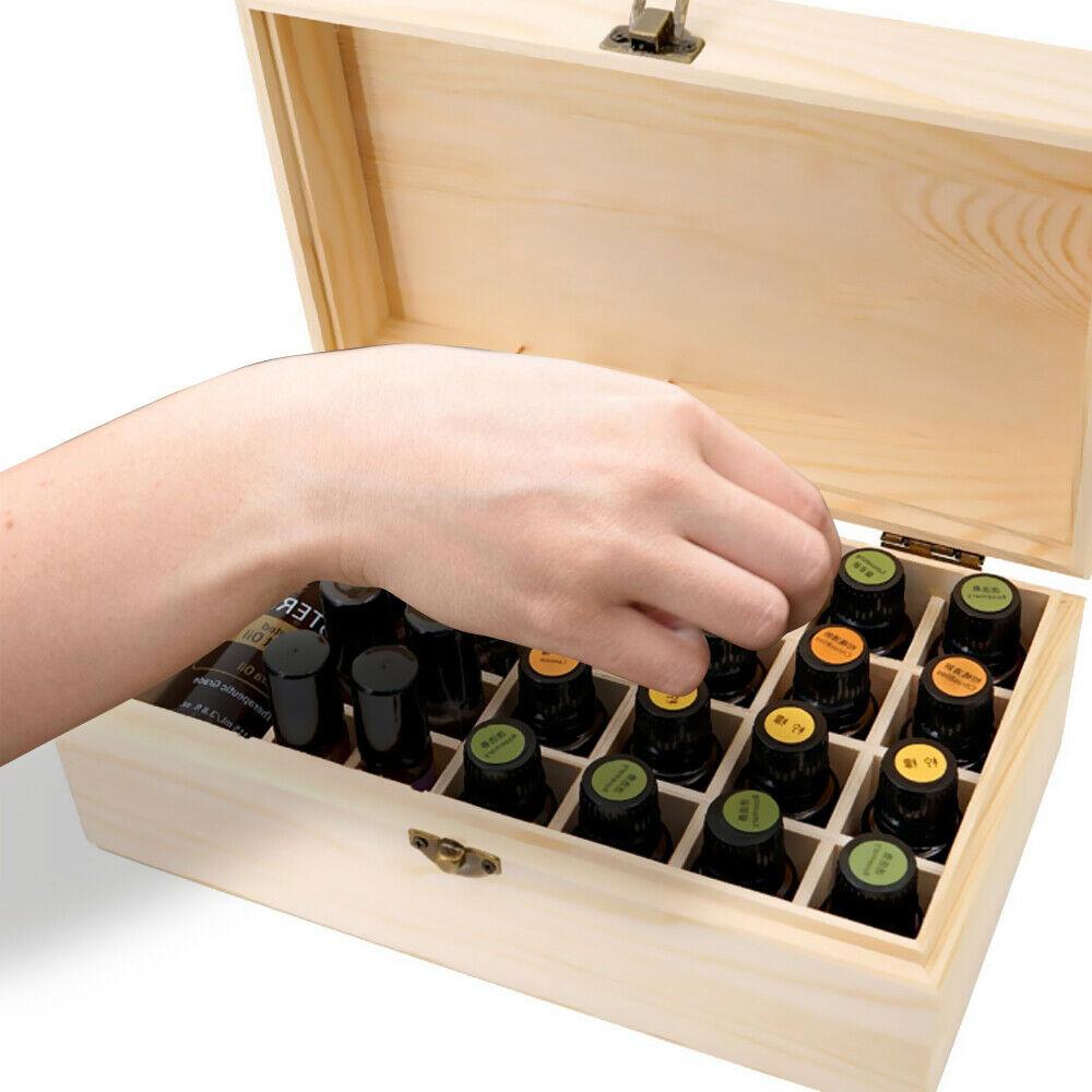 Wooden essential oil storage box with 25 slots for bottles, featuring a removable divider and sturdy construction.
