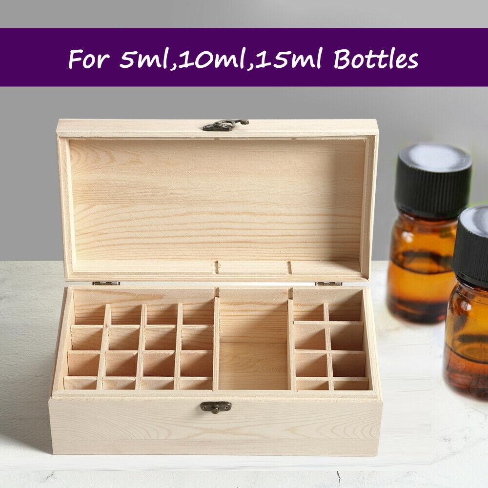 Wooden essential oil storage box with 25 slots for bottles, featuring a removable divider and sturdy construction.