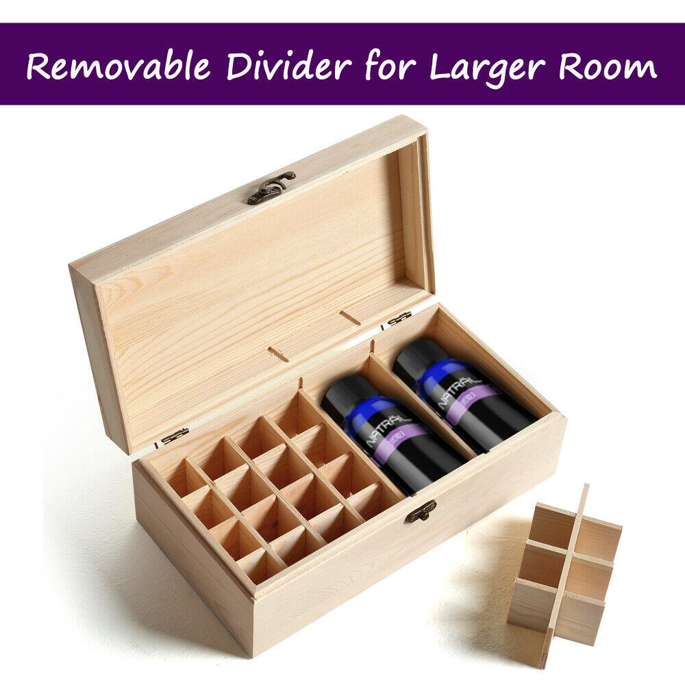 Wooden essential oil storage box with 25 slots for bottles, featuring a removable divider and sturdy construction.