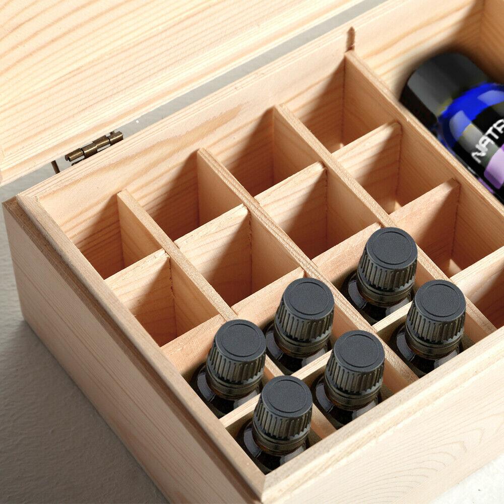 Wooden essential oil storage box with 25 slots for bottles, featuring a removable divider and sturdy construction.