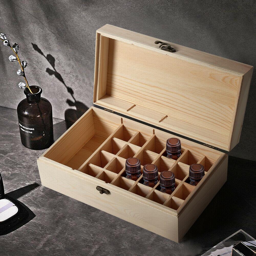 Wooden essential oil storage box with 25 slots for bottles, featuring a removable divider and sturdy construction.