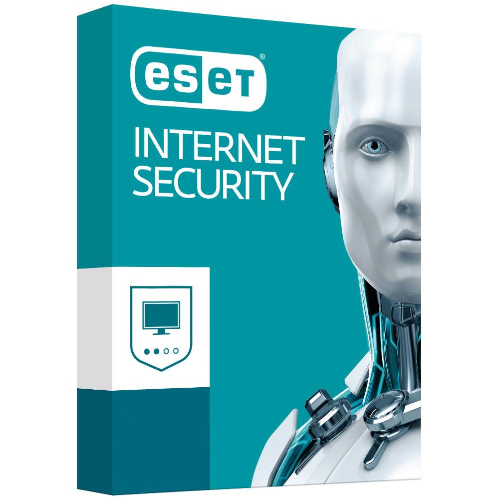 ESET Internet Security box showcasing advanced protection features for 3 devices.
