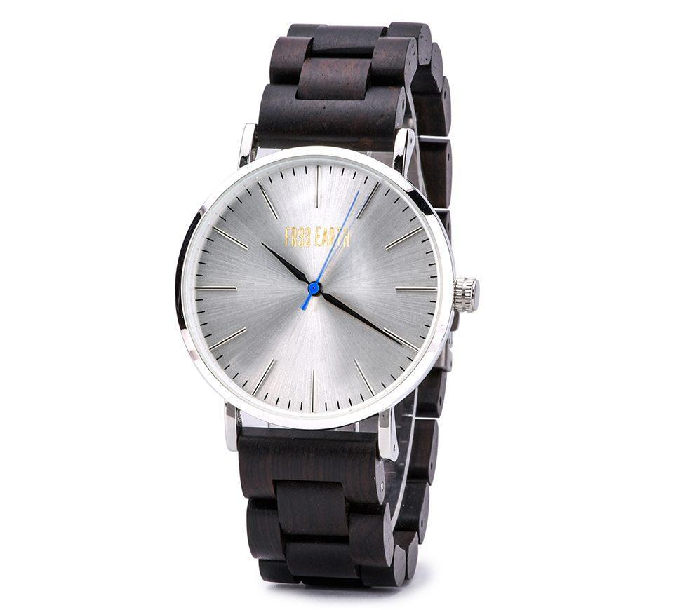 Evening Watch featuring a stainless steel case and a unique wooden band, showcasing its stylish design suitable for both men and women.