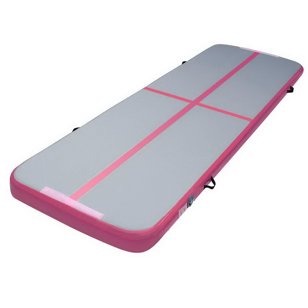 Everfit 3m x 1m inflatable air track mat in pink and grey, designed for gymnastics and cheerleading, featuring anti-slip surface and carry handles.