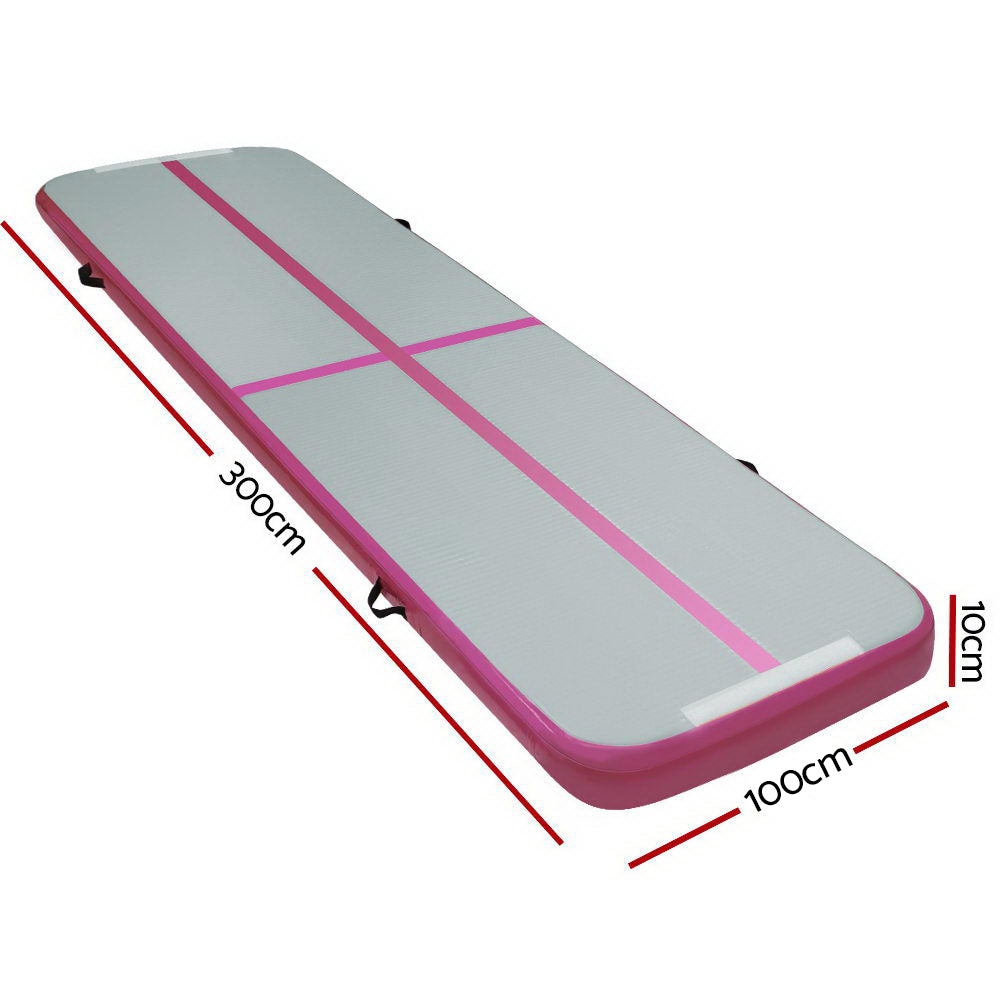 Everfit 3m x 1m inflatable air track mat in pink and grey, designed for gymnastics and cheerleading, featuring anti-slip surface and carry handles.