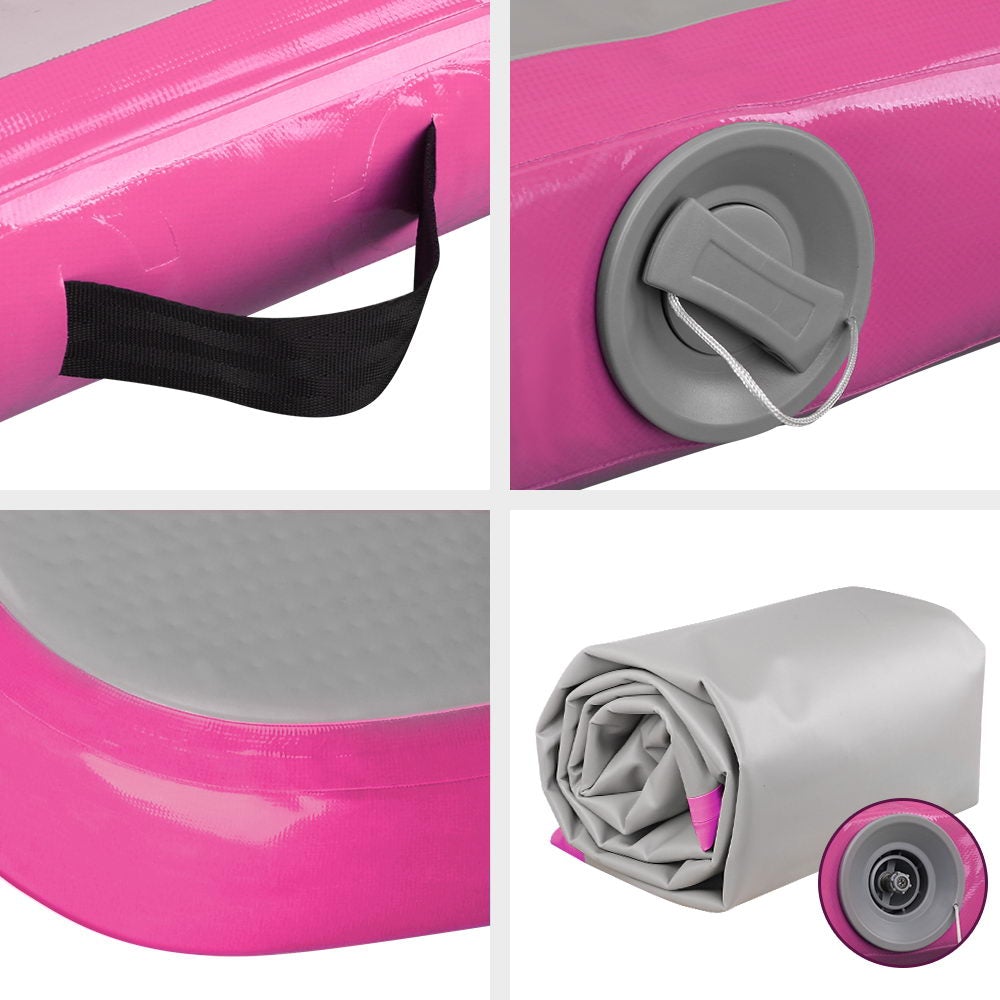 Everfit 3m x 1m inflatable air track mat in pink and grey, designed for gymnastics and cheerleading, featuring anti-slip surface and carry handles.