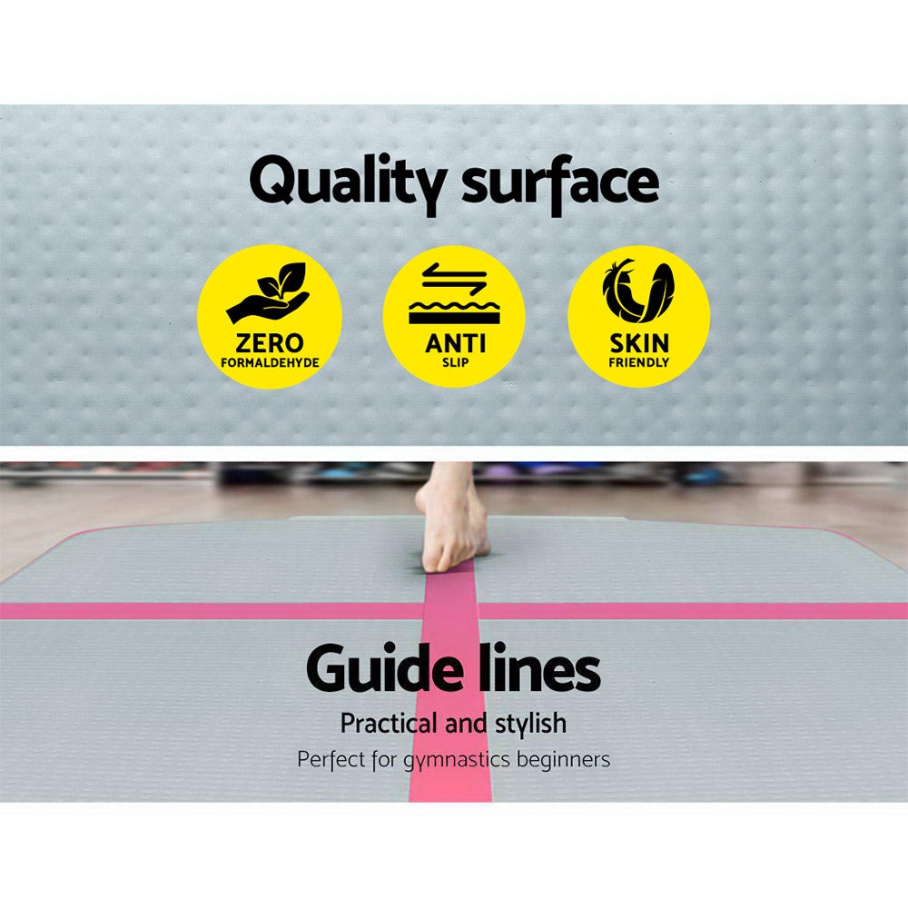 Everfit 3m x 1m inflatable air track mat in pink and grey, designed for gymnastics and cheerleading, featuring anti-slip surface and carry handles.