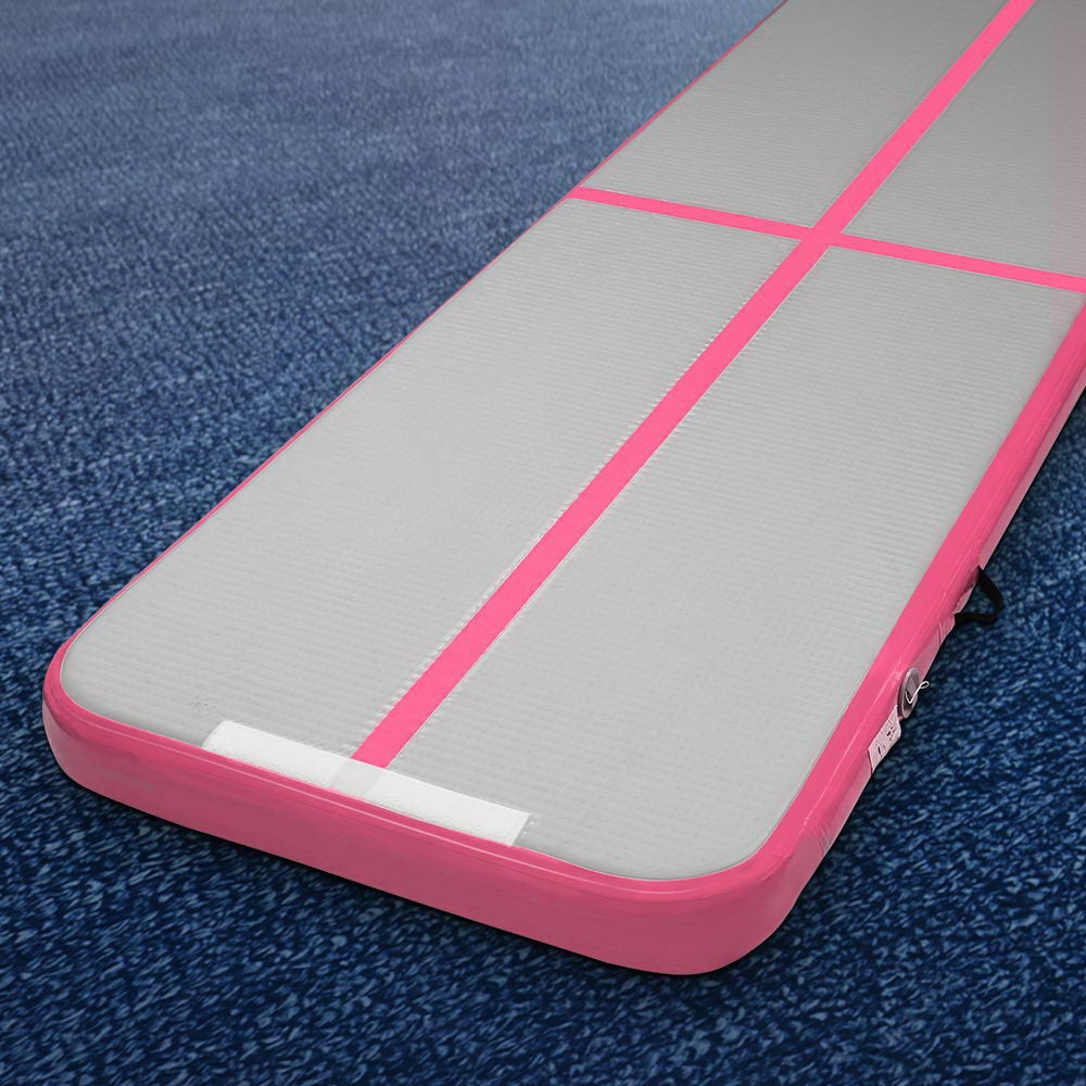 Everfit 3m x 1m inflatable air track mat in pink and grey, designed for gymnastics and cheerleading, featuring anti-slip surface and carry handles.