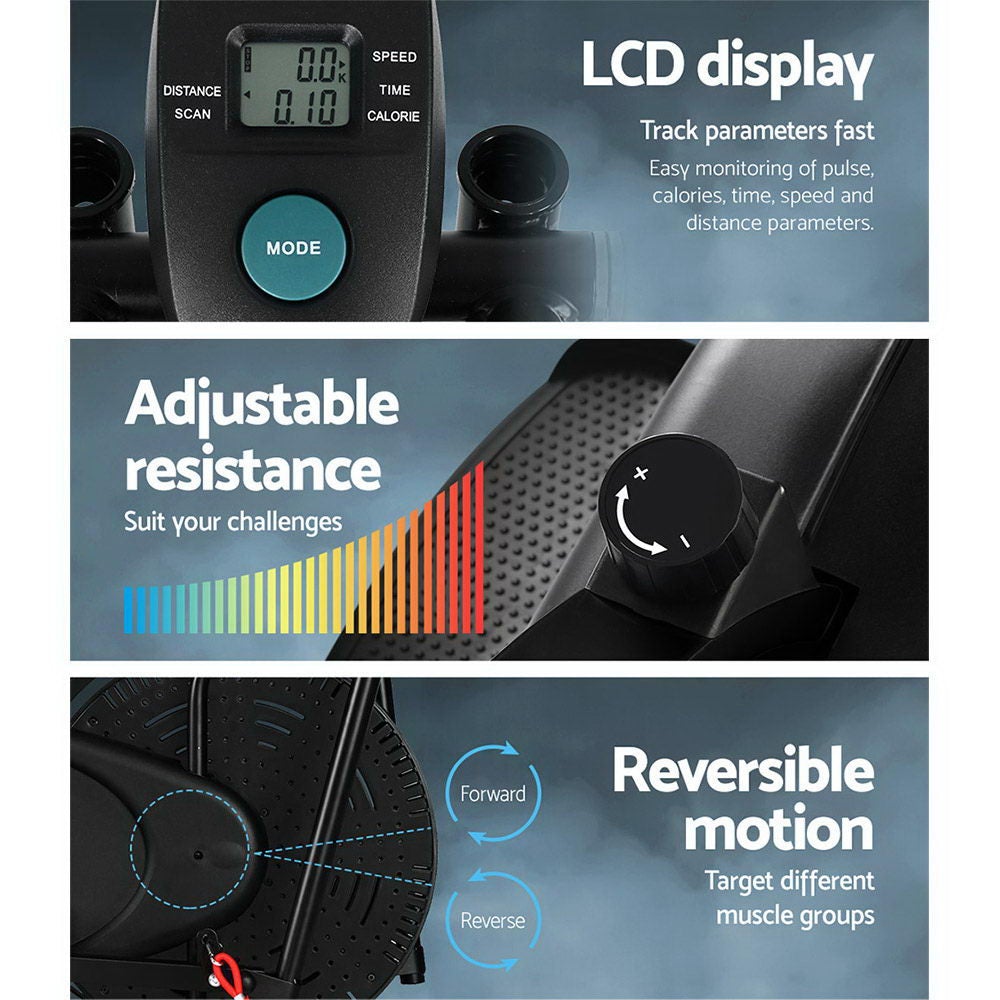 Everfit 4in1 Elliptical Cross Trainer Exercise Bike with adjustable seat and handlebars, LCD display, and resistance bands, designed for home gym use.