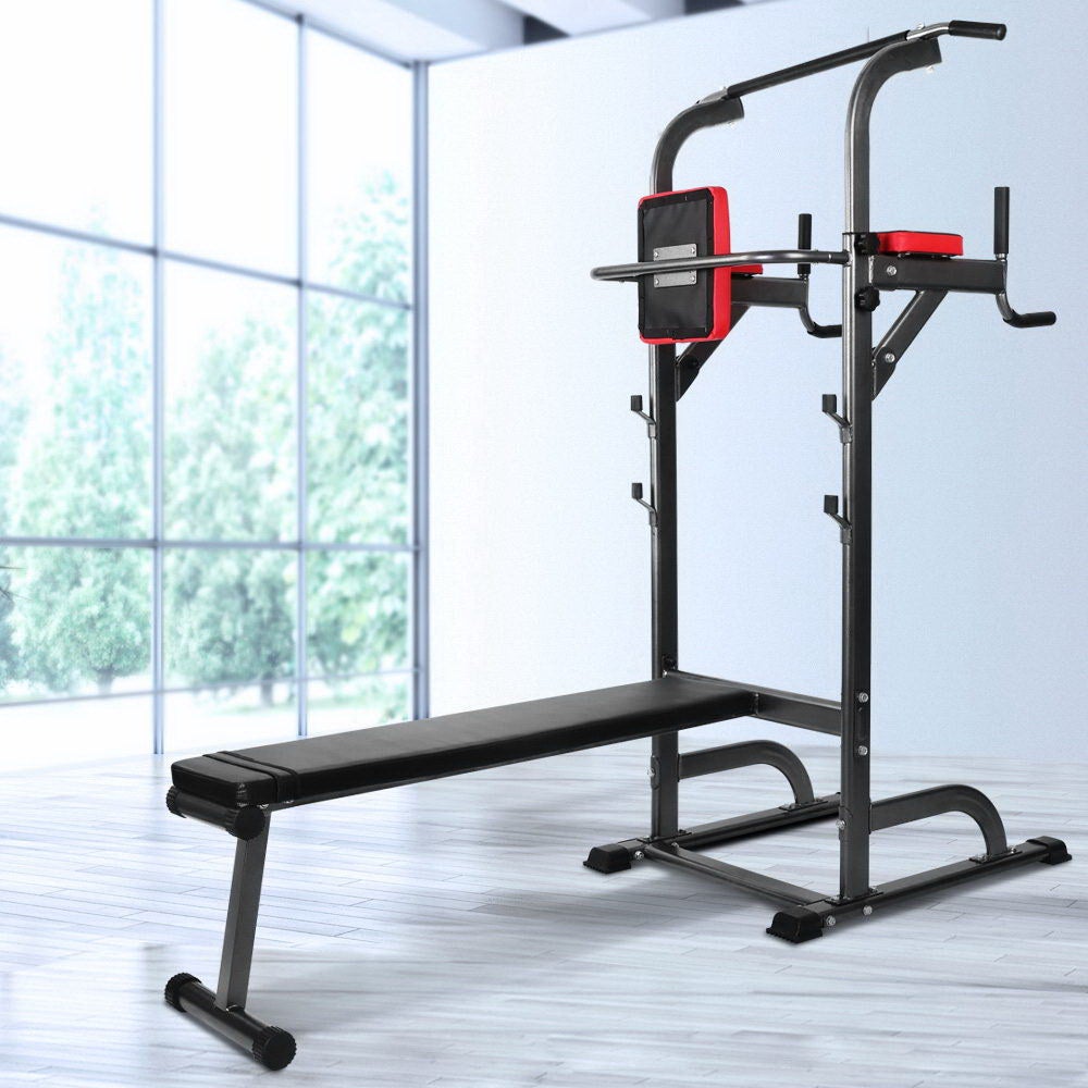 Everfit 9-IN-1 Power Tower showcasing its multi-function design with various workout stations and padded handles.