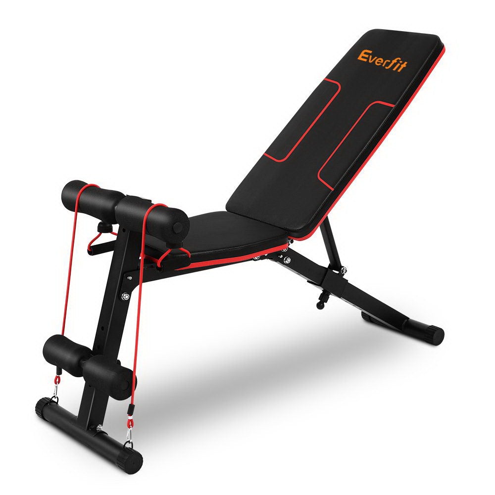 Everfit Adjustable FID Weight Bench in a home gym setting, showcasing its adjustable backrest and sturdy construction.