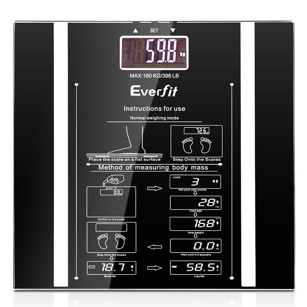Everfit Digital Body Fat Scale on a bathroom floor, showcasing its sleek black tempered glass design and large LCD display.