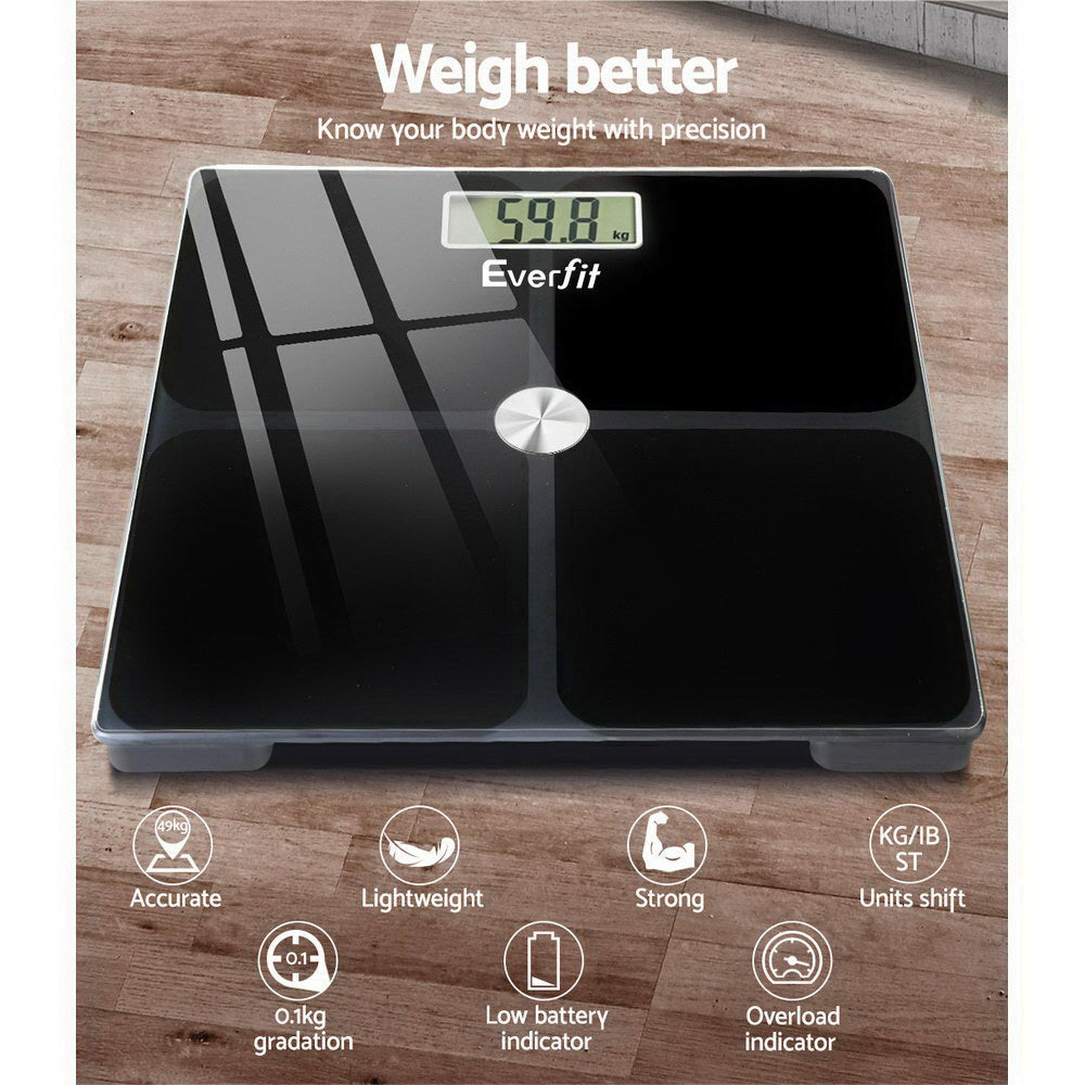 Everfit Bathroom Scales Digital Weighing Scale with large LCD display and tempered glass platform, designed for accurate weight tracking up to 180KG.
