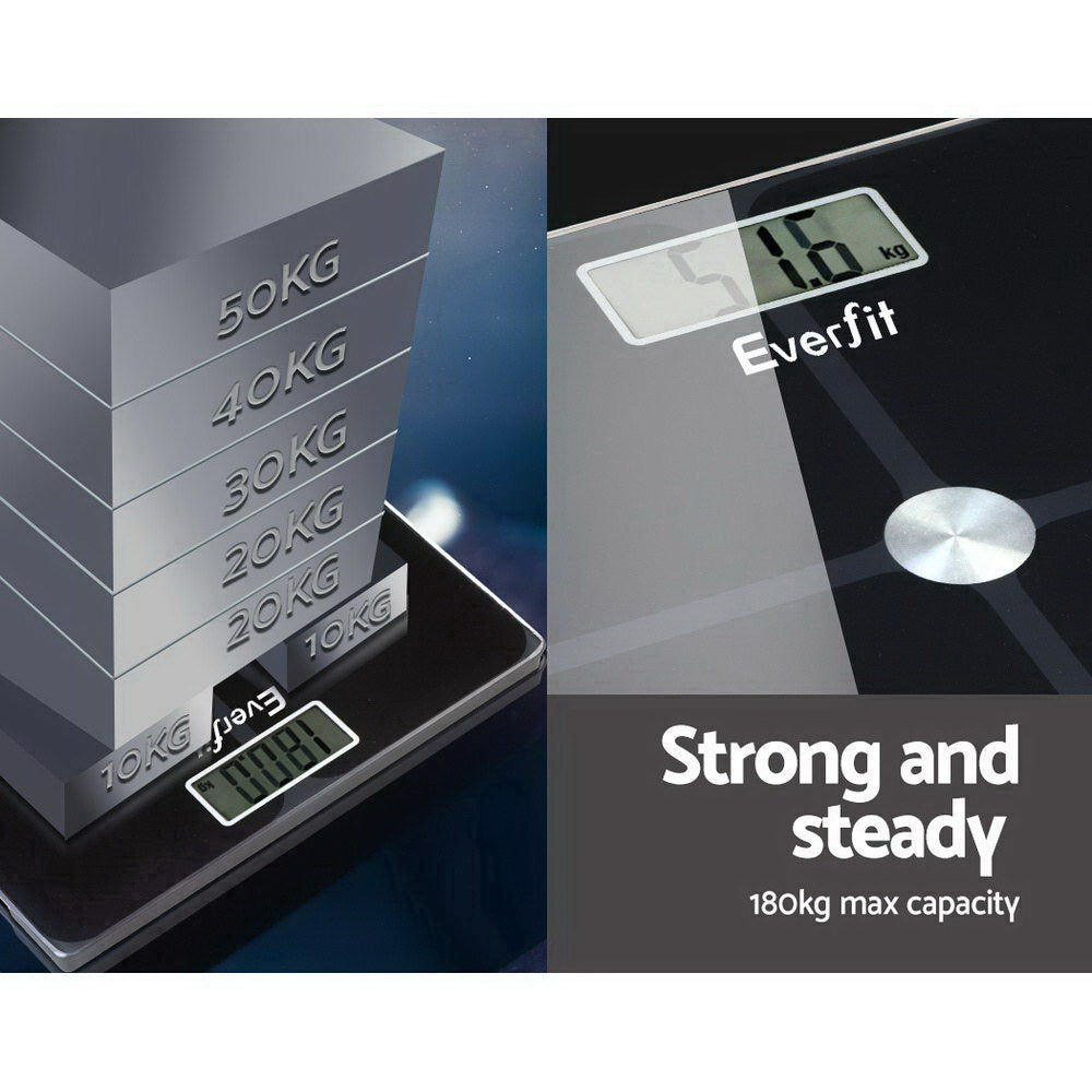 Everfit Bathroom Scales Digital Weighing Scale with large LCD display and tempered glass platform, designed for accurate weight tracking up to 180KG.