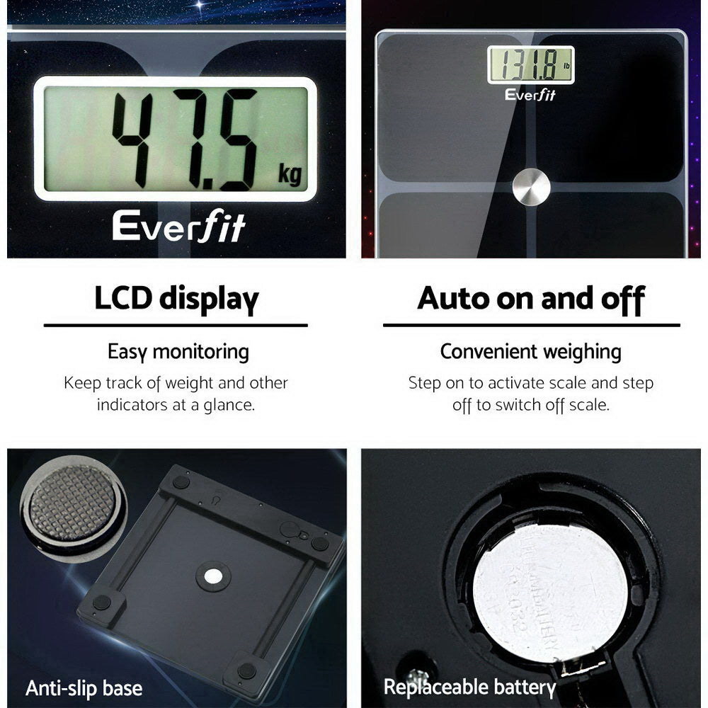 Everfit Bathroom Scales Digital Weighing Scale with large LCD display and tempered glass platform, designed for accurate weight tracking up to 180KG.