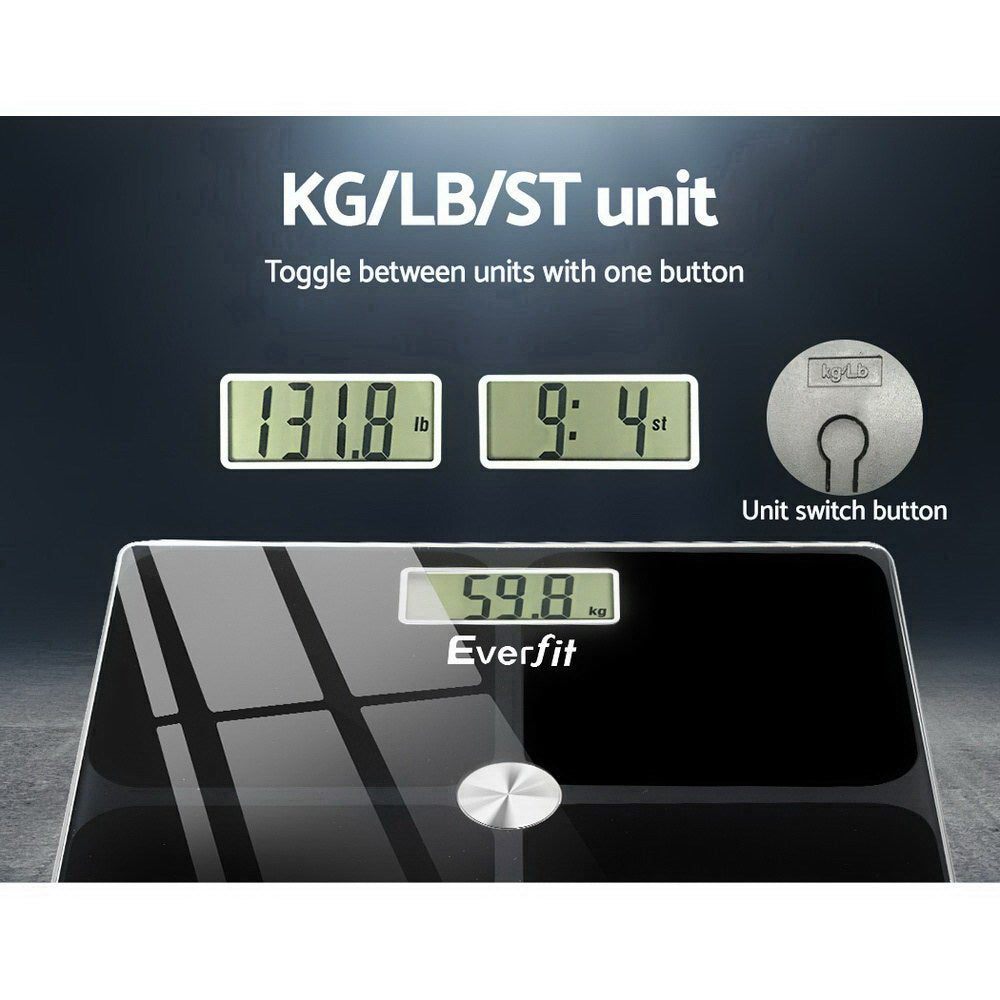Everfit Bathroom Scales Digital Weighing Scale with large LCD display and tempered glass platform, designed for accurate weight tracking up to 180KG.