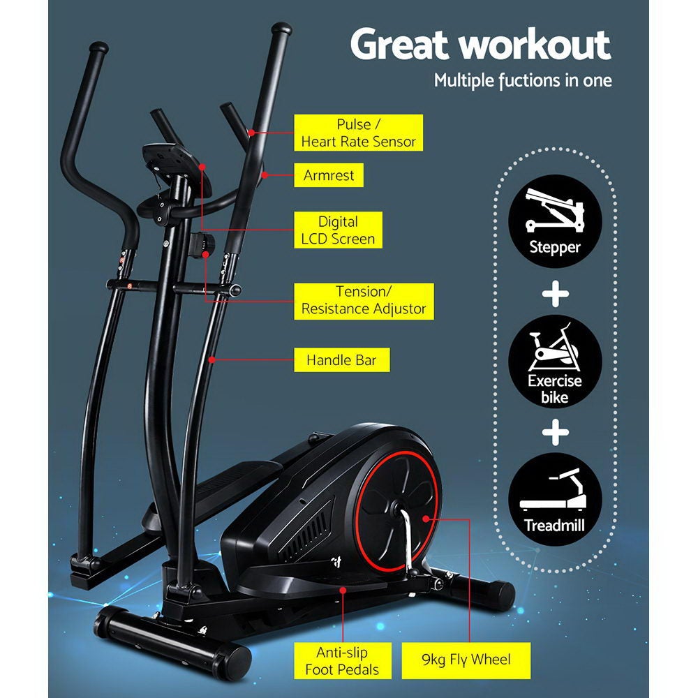 Everfit Elliptical Cross Trainer Exercise Bike with LCD display and sturdy steel frame, designed for low-impact workouts at home.