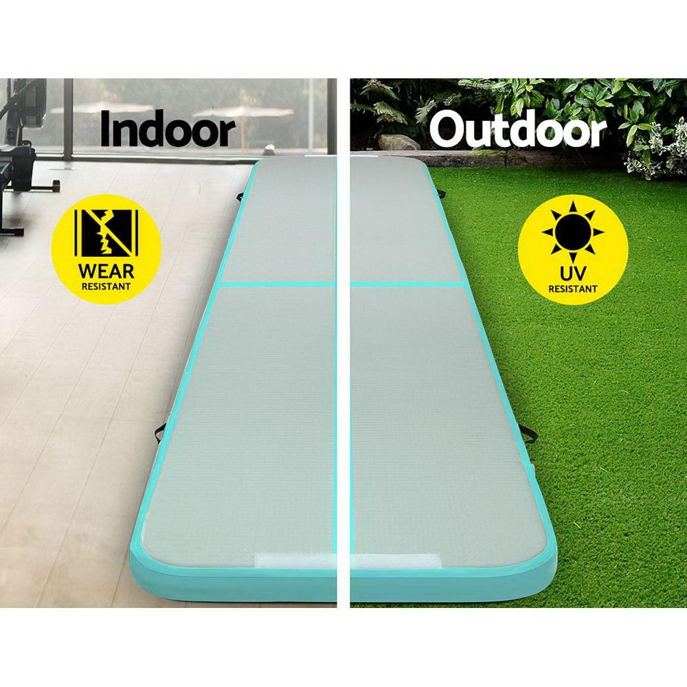 Everfit GoFun 5X1M Inflatable Air Track Mat in mint and grey, designed for gymnastics and cheerleading training, showcasing its durable and anti-slip surface.