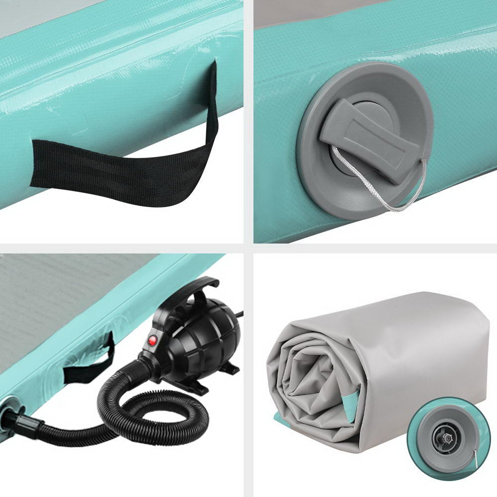 Everfit GoFun 5X1M Inflatable Air Track Mat with Electric Pump, showcasing its durable fabric and vibrant mint and grey colors.