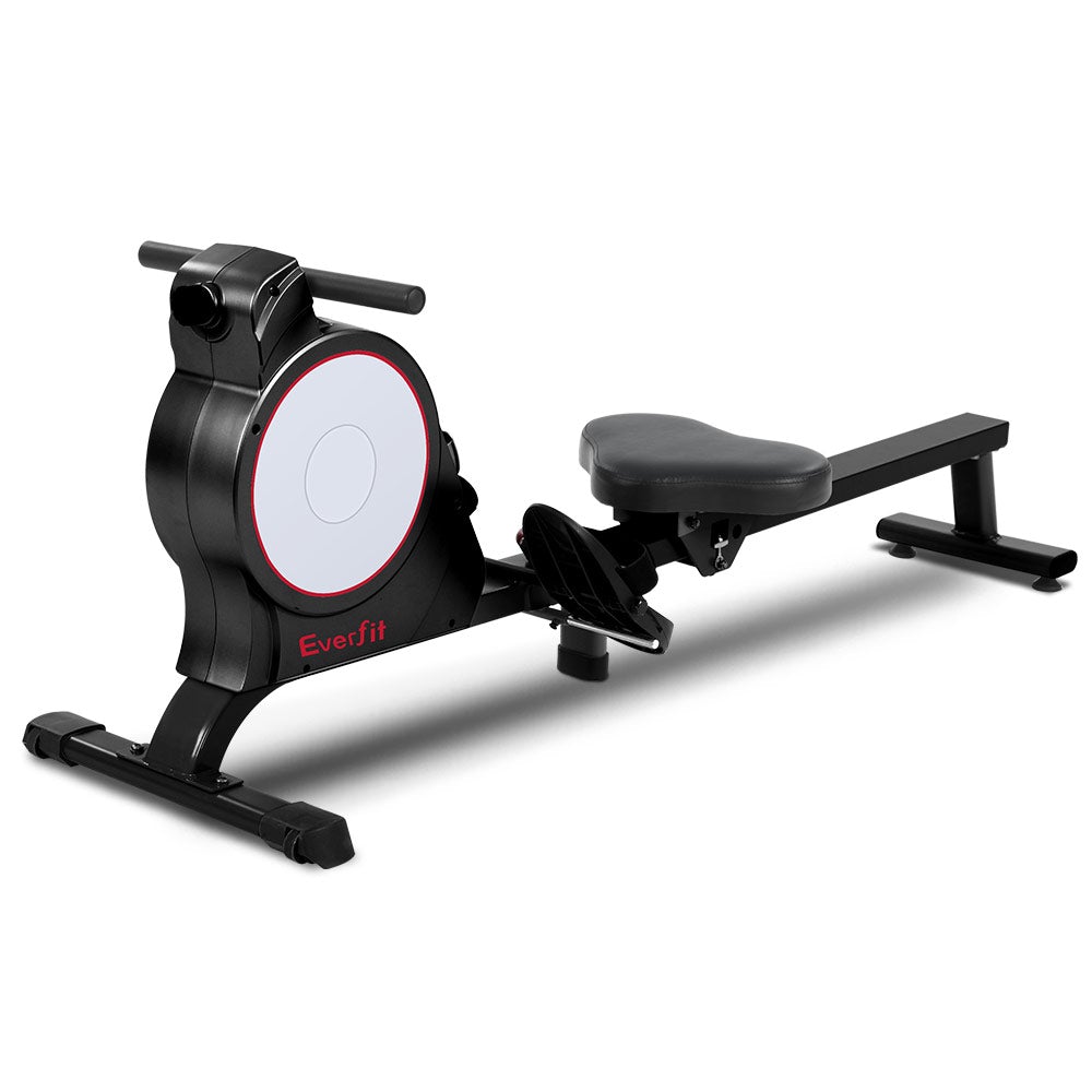 Everfit Magnetic Rowing Exercise Machine with LCD display and adjustable footrests, showcasing its sturdy design and foldable feature.