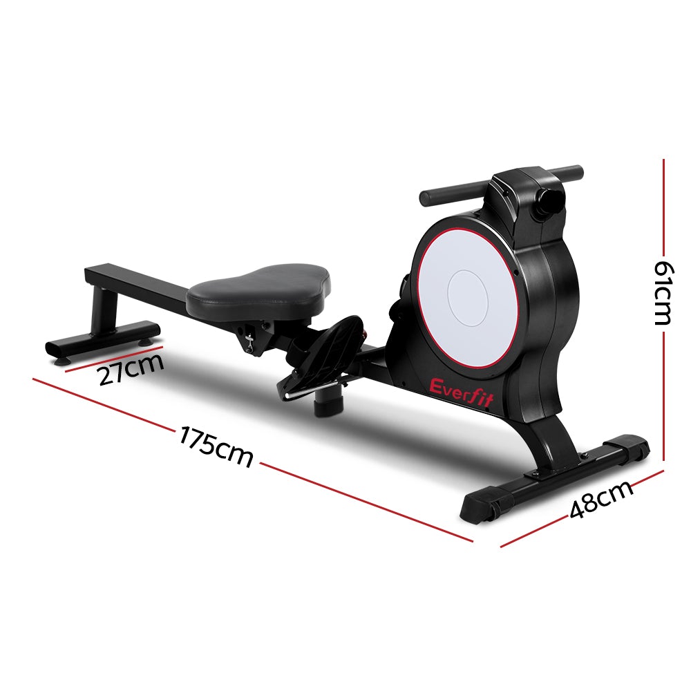 Everfit Magnetic Rowing Exercise Machine with LCD display and adjustable footrests, showcasing its sturdy design and foldable feature.