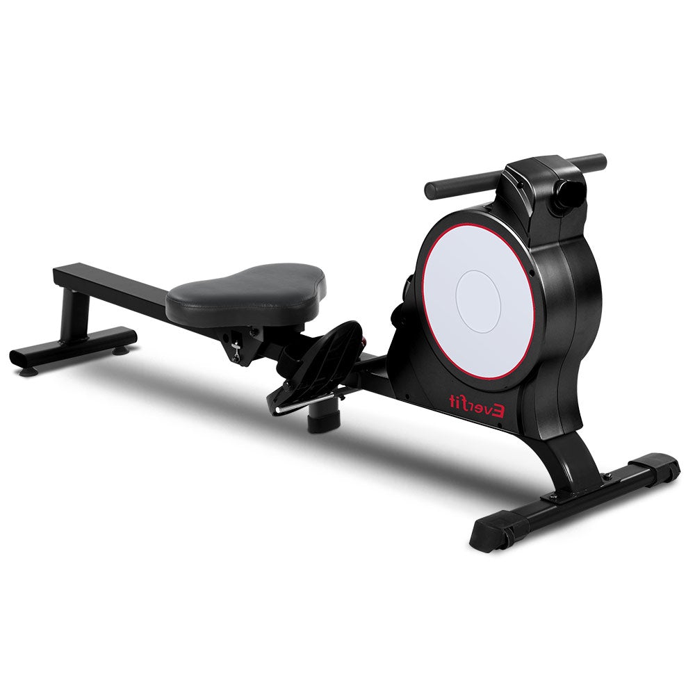 Everfit Magnetic Rowing Exercise Machine with LCD display and adjustable footrests, showcasing its sturdy design and foldable feature.