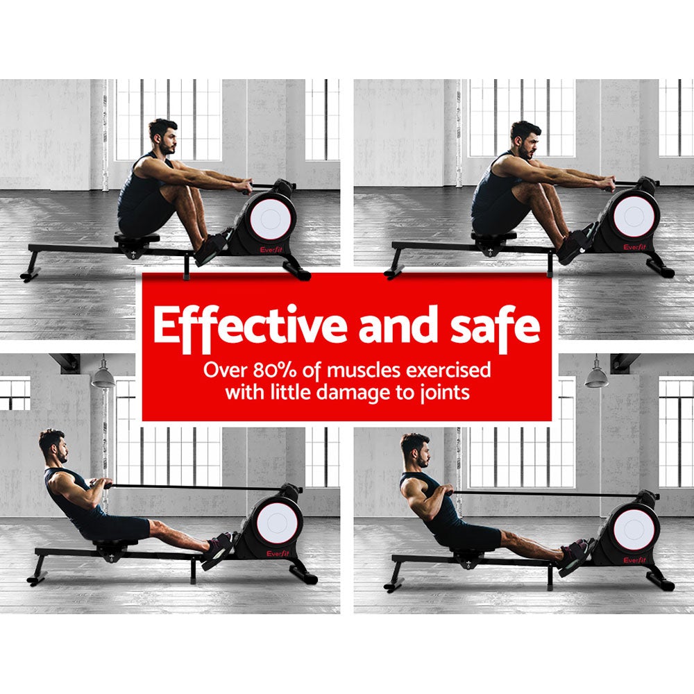 Everfit Magnetic Rowing Exercise Machine with LCD display and adjustable footrests, showcasing its sturdy design and foldable feature.