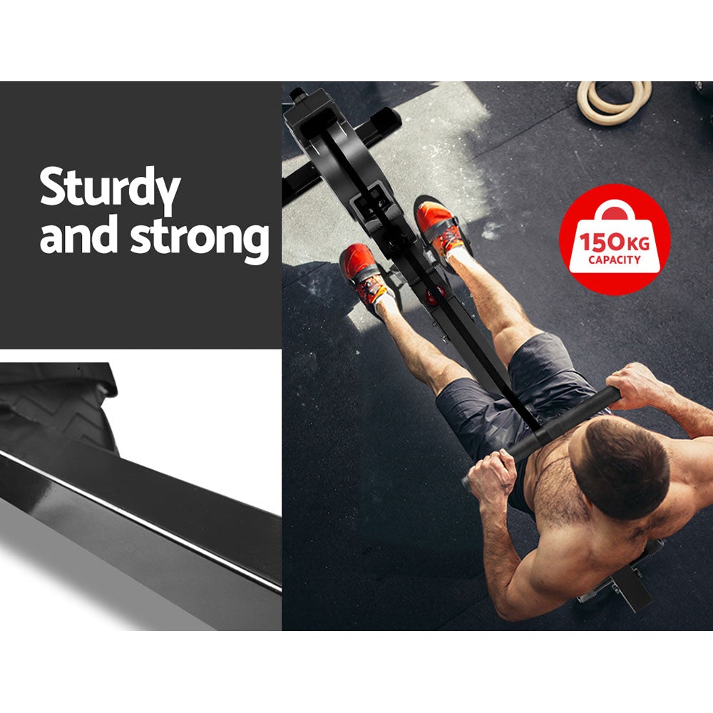 Everfit Magnetic Rowing Exercise Machine with LCD display and adjustable footrests, showcasing its sturdy design and foldable feature.