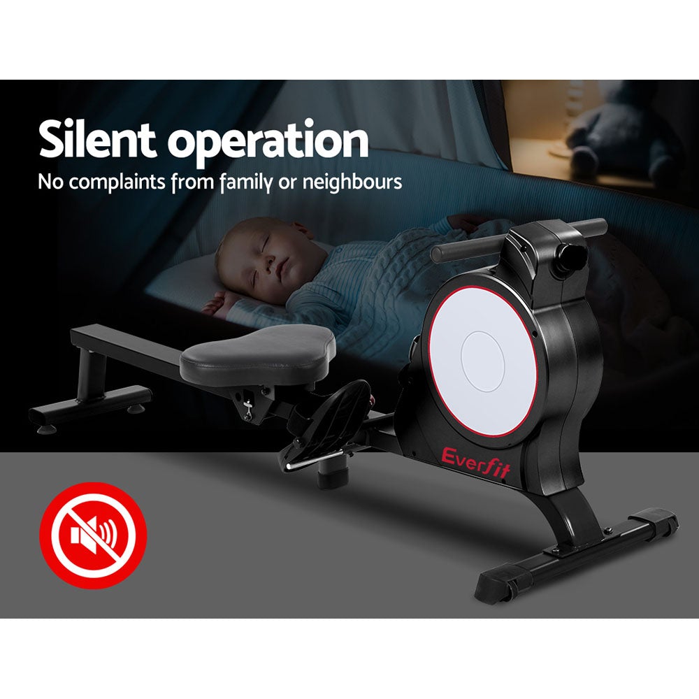 Everfit Magnetic Rowing Exercise Machine with LCD display and adjustable footrests, showcasing its sturdy design and foldable feature.