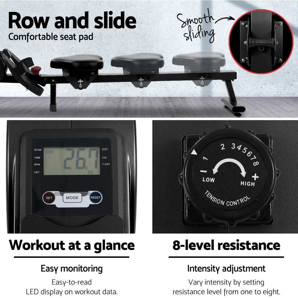 Everfit Magnetic Rowing Exercise Machine with LCD display and adjustable footrests, showcasing its sturdy design and foldable feature.