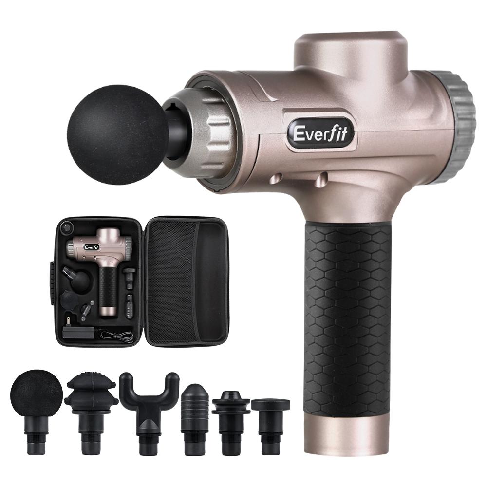 Everfit Massage Gun with six interchangeable heads for customized vibration therapy, featuring a sleek gold design and LCD display.