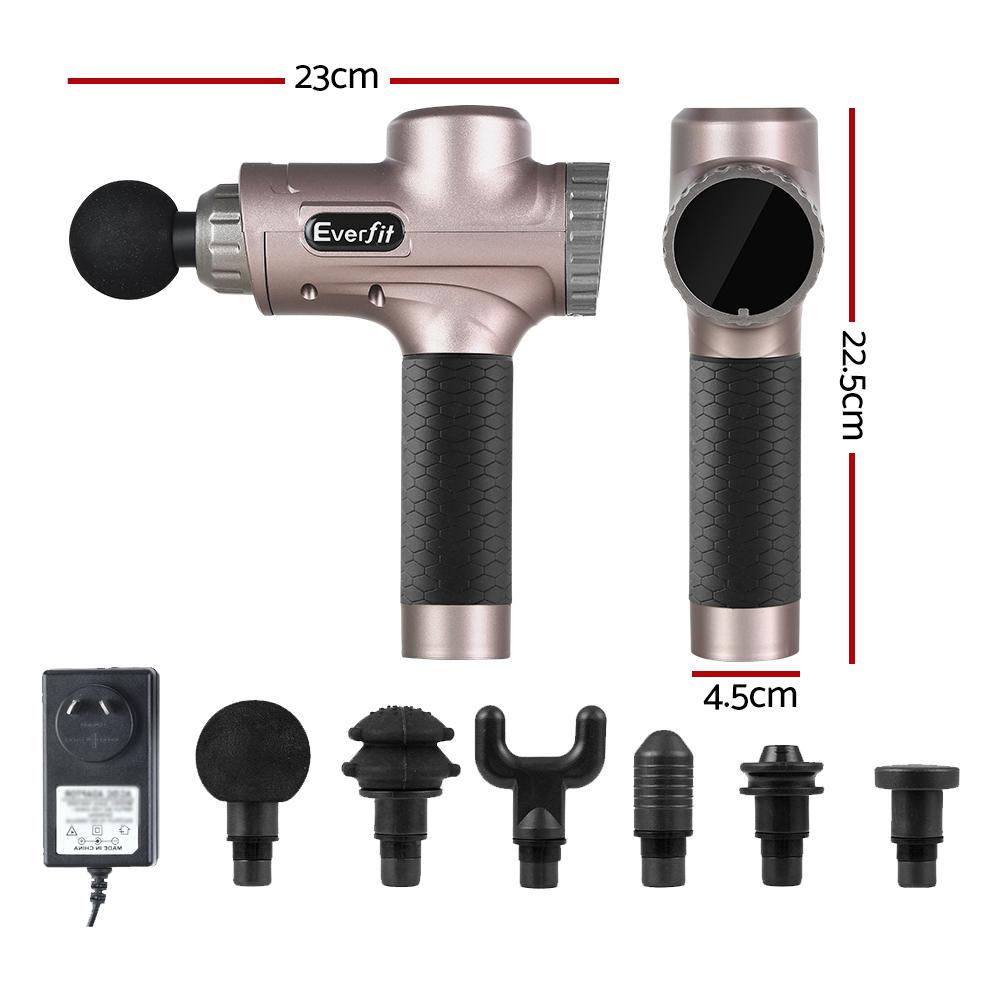 Everfit Massage Gun with six interchangeable heads for customized vibration therapy, featuring a sleek gold design and LCD display.