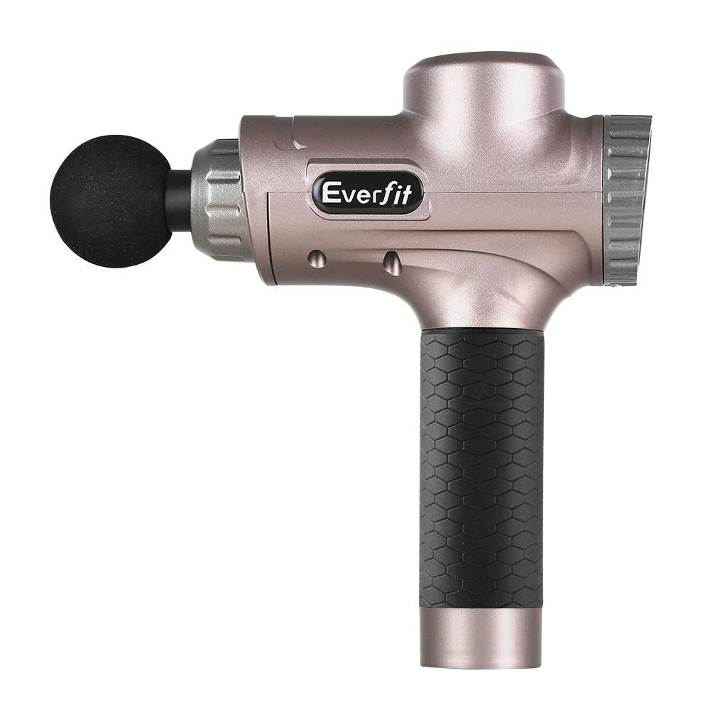 Everfit Massage Gun with six interchangeable heads for customized vibration therapy, featuring a sleek gold design and LCD display.