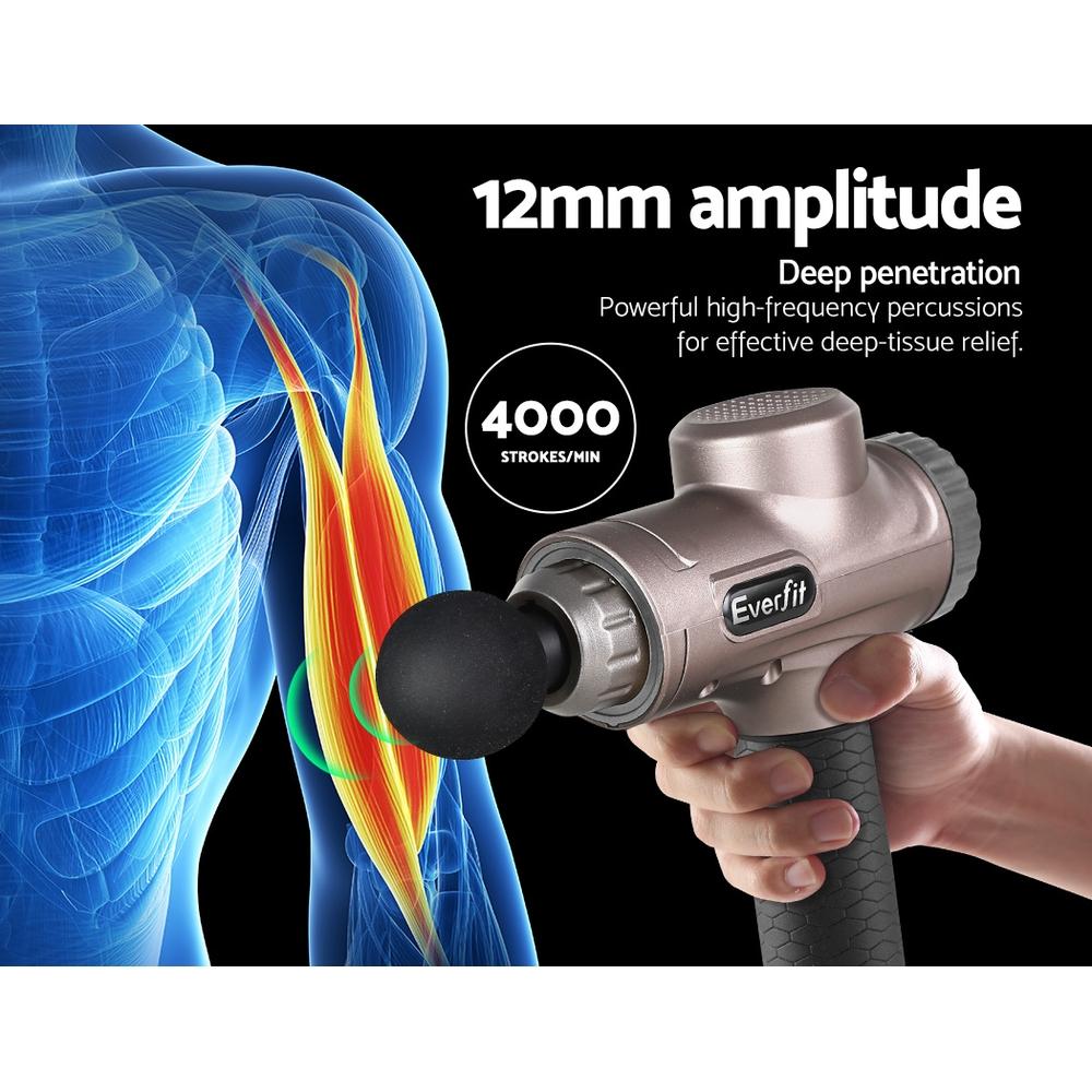 Everfit Massage Gun with six interchangeable heads for customized vibration therapy, featuring a sleek gold design and LCD display.