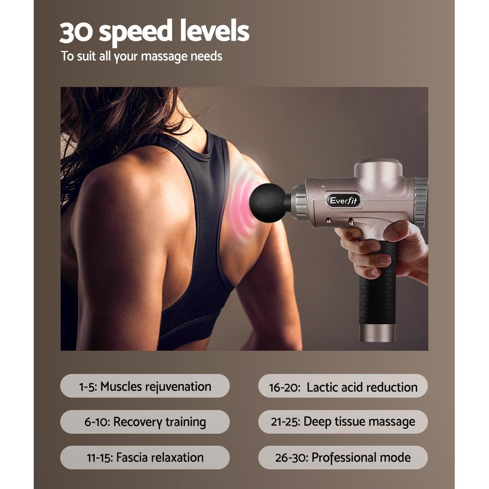 Everfit Massage Gun with six interchangeable heads for customized vibration therapy, featuring a sleek gold design and LCD display.