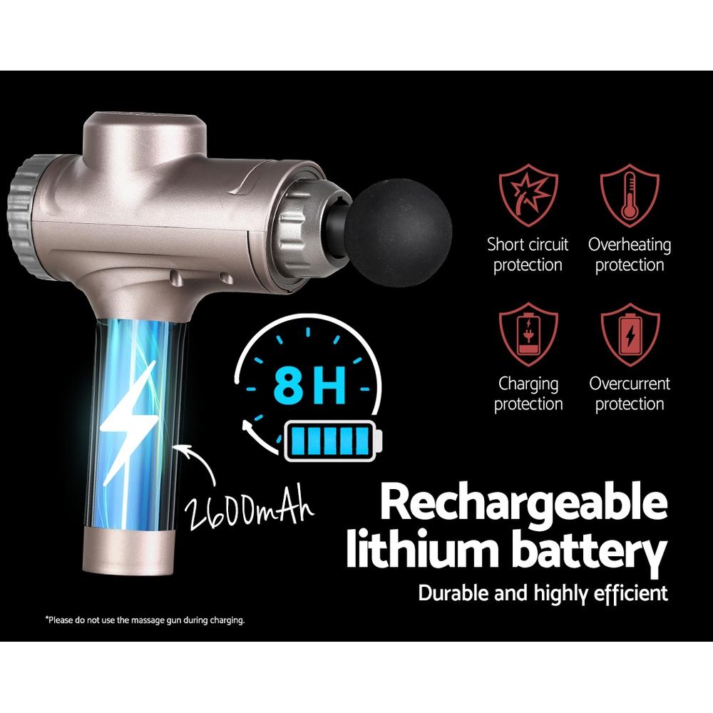 Everfit Massage Gun with six interchangeable heads for customized vibration therapy, featuring a sleek gold design and LCD display.