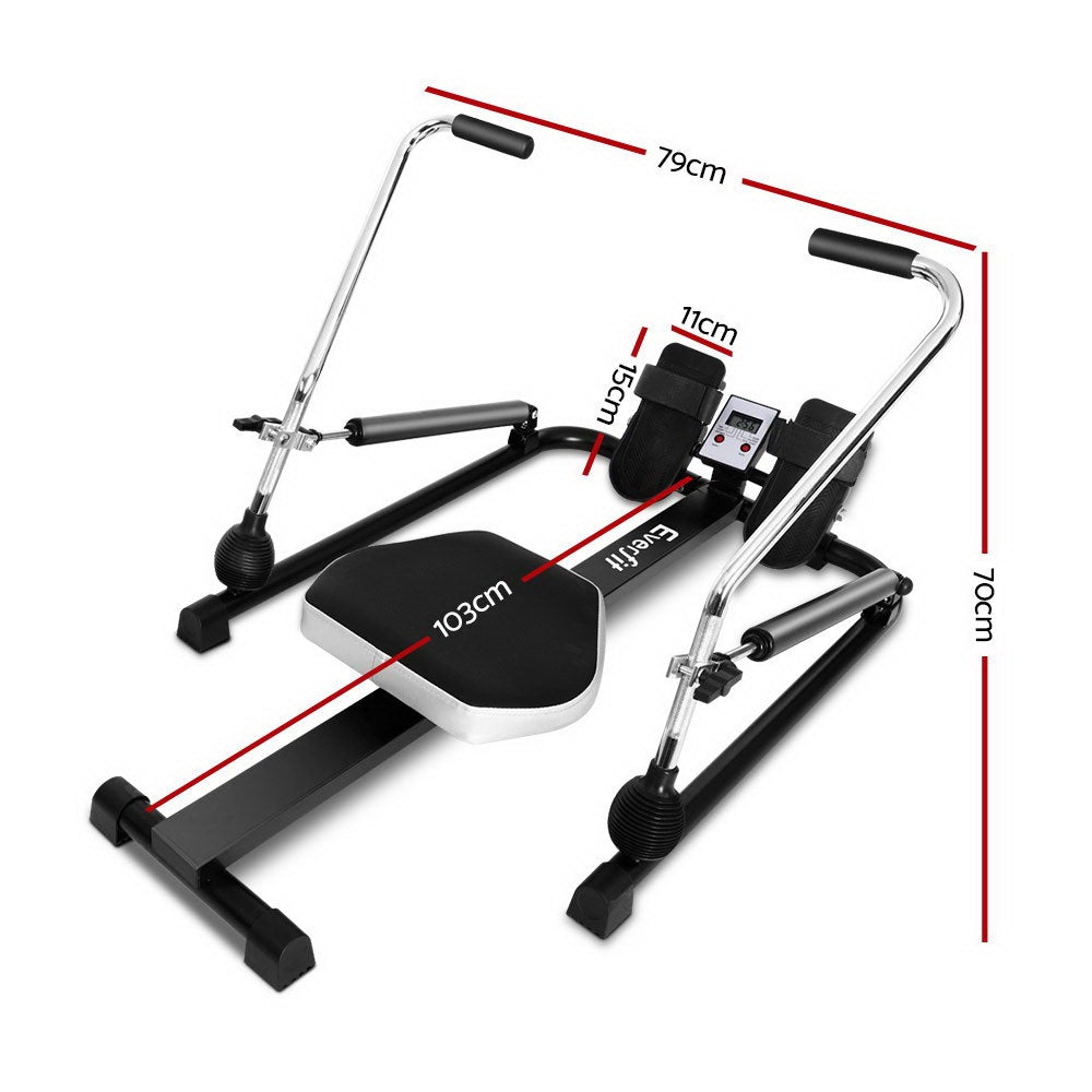 Everfit Rowing Exercise Machine with hydraulic resistance, featuring a durable steel frame, adjustable footrest, and large LCD display for tracking workouts.