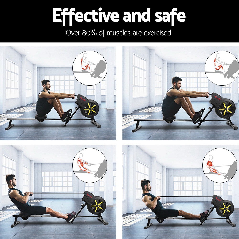 Everfit Rowing Exercise Machine featuring a durable steel frame, adjustable footrest, and large LCD display for home fitness workouts.