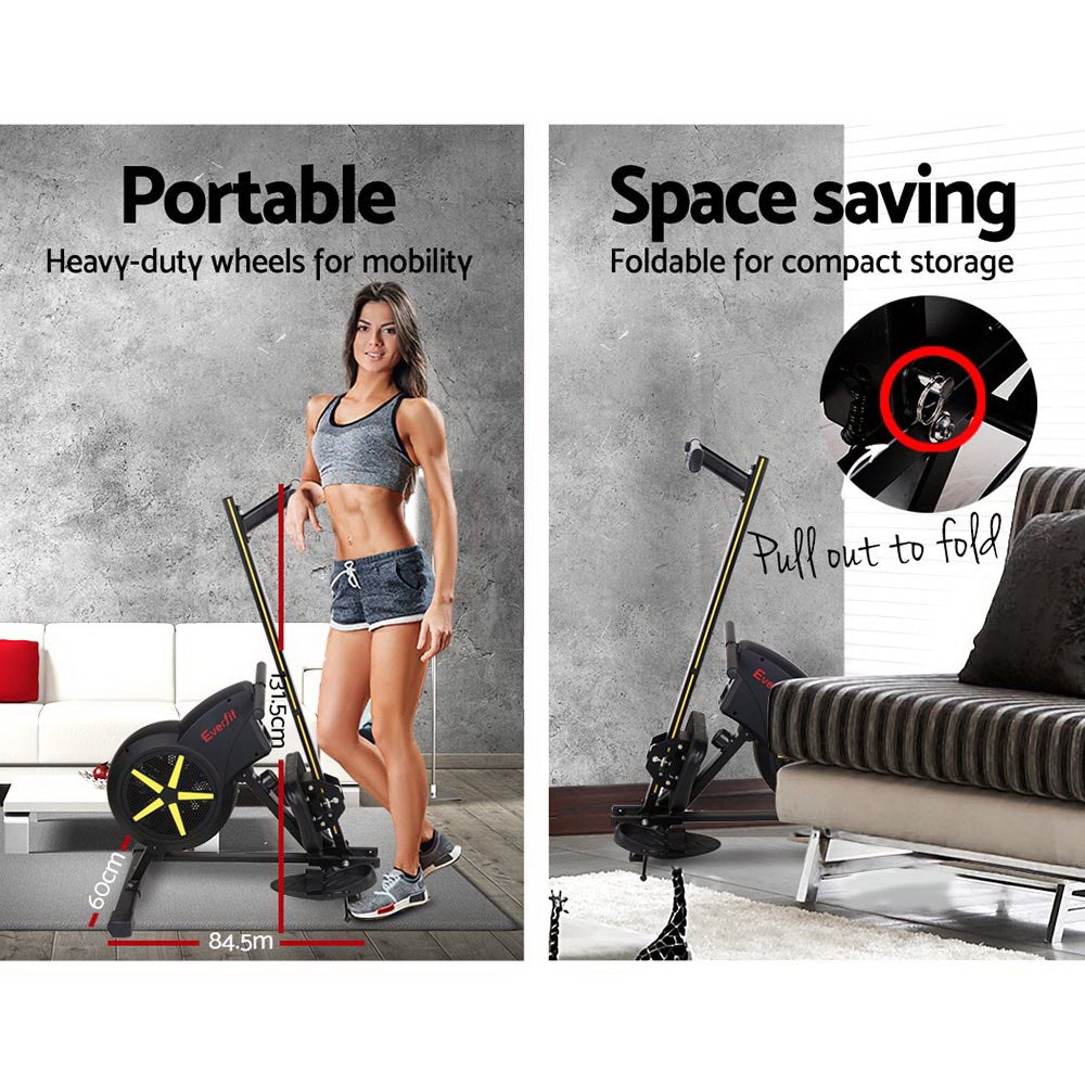 Everfit Rowing Exercise Machine featuring a durable steel frame, adjustable footrest, and large LCD display for home fitness workouts.