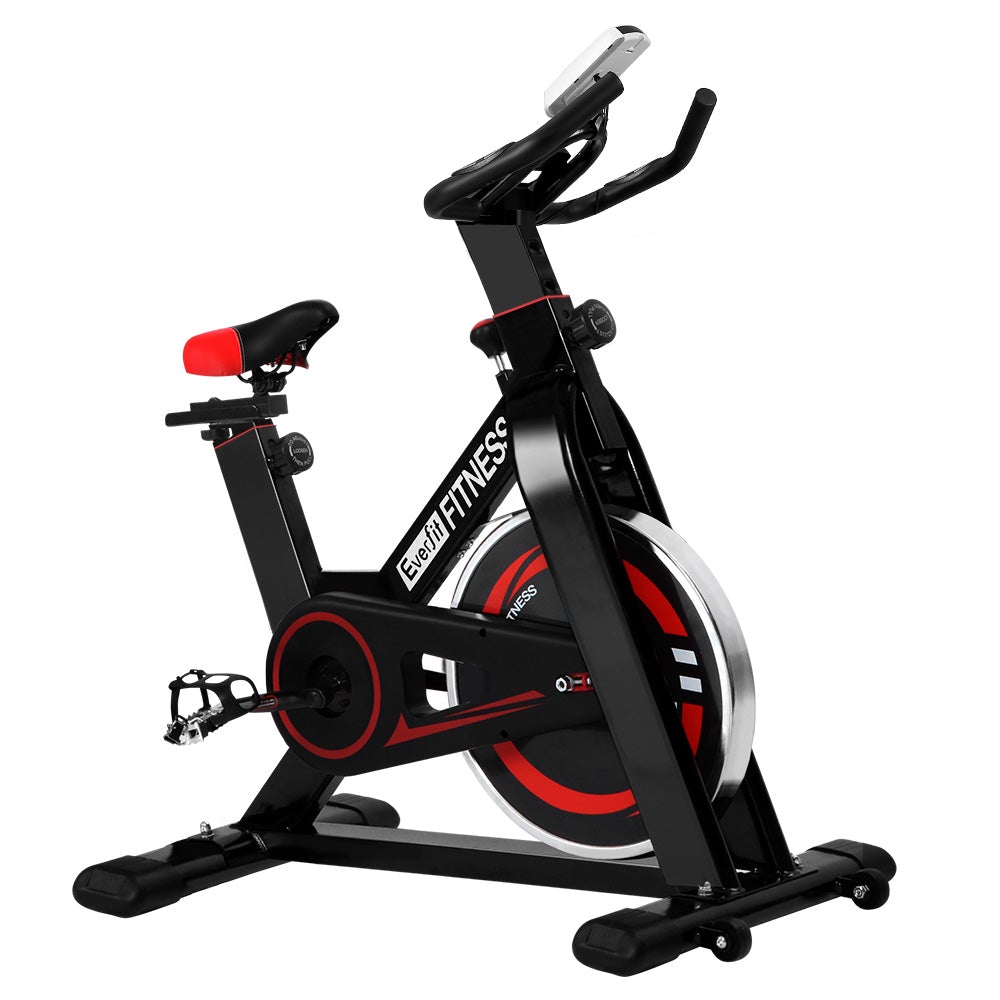 Everfit Spin Exercise Bike with adjustable seat and handlebars, LCD monitor, and transportation wheels, designed for home and commercial use.